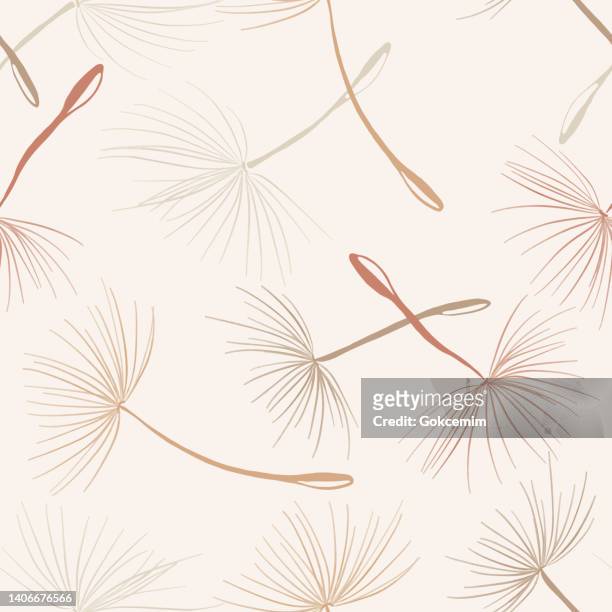 stockillustraties, clipart, cartoons en iconen met nude colored  flying dandelion seeds seamless pattern. wallpaper, design element, abstract background. - breekbaarheid