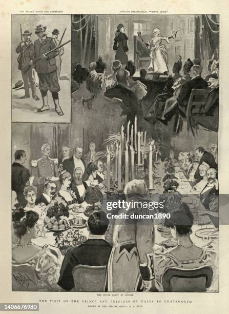 visit of prince and princess of wales (later edward vii, and alexandra of denmark) to chatsworth house, 1898 19th century - british royalty stock illustrations
