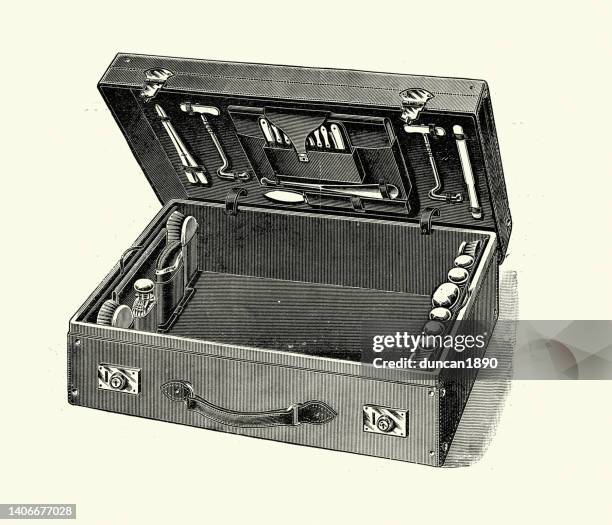 vintage illustration, fitted suit case, victorian luggage, 1890s 19th century - open suitcase stock illustrations