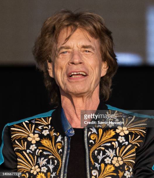 Mick Jagger of The Rolling Stones performs at American Express present BST Hyde Park at Hyde Park on July 03, 2022 in London, England.