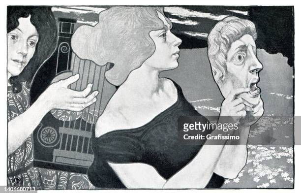 ilustrações de stock, clip art, desenhos animados e ícones de woman at theatre with mask and harp art nouveau illustration 1898 - harpa