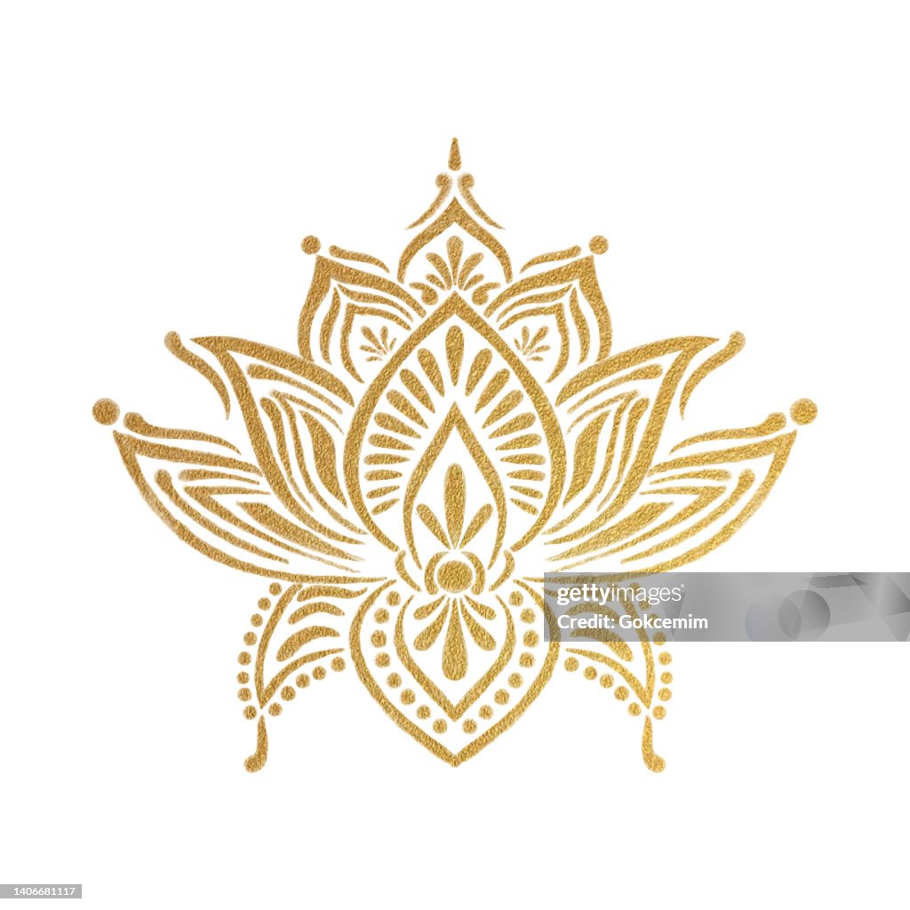 Dibujo a mano dorado color lirio de agua Loto Mandala Patrón Fondo. Henna, Mehndi Decoración de tatuajes. Ornamento decorativo en estilo étnico oriental.