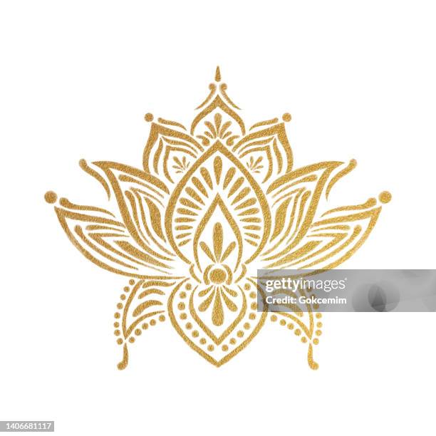 hand drawn gold colored water lily lotus mandala pattern background. henna, mehndi tattoo decoration. decorative ornament in ethnic oriental style. - mandala art stock illustrations