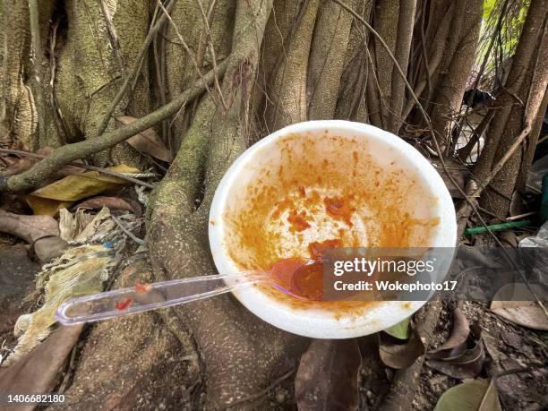 styrofoam packaging  garbage thrown on the park - styrofoam container stock pictures, royalty-free photos & images