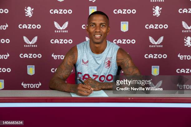 Ashley Young signs a new contract at Aston Villa at Bodymoor Heath training ground on July 04, 2022 in Birmingham, England.