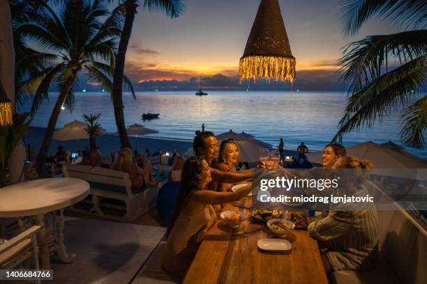 multiracial friends at the dinner at the beach restaurant toasting with wine - dinner at restaurant stock pictures, royalty-free photos & images