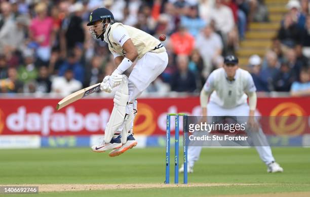 India batsman Shreyas Iyer is hit by a short ball during day four of the Fifth test match between England and India at Edgbaston on July 04, 2022 in...