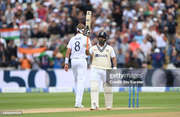 India batsman Rishabh Pant reaches his 50 during day four of the Fifth test match between England and India at Edgbaston on July 04, 2022 in...