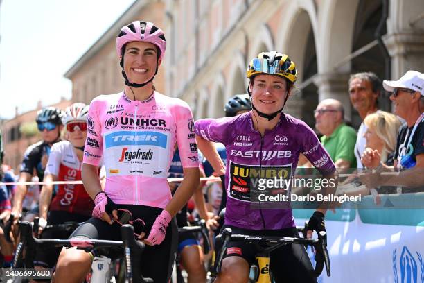 Elisa Balsamo of Italy and Team Trek - Segafredo pink leader jersey and Marianne Vos of Netherlands and Jumbo Visma Team purple points jersey prior...