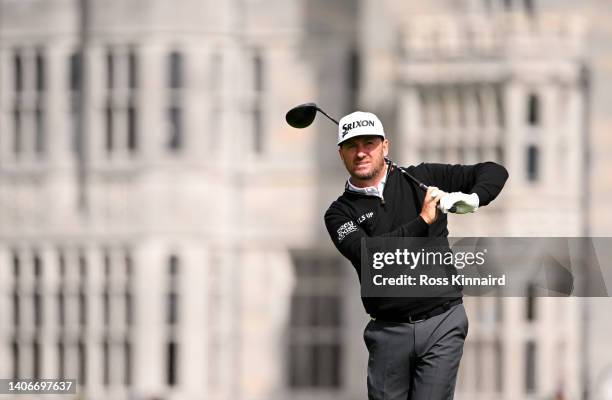 Graeme Mcdowell of Northern Ireland watches his drive at the 10th tee during Day One of the JP McManus Pro-Am at Adare Manor on July 04, 2022 in...