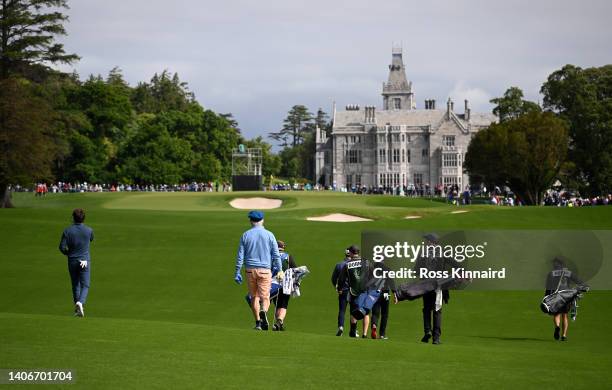 Recording artist Nail Horan and Hollywood actor Bill Murray walk to the 9th green during Day One of the JP McManus Pro-Am at Adare Manor on July 04,...