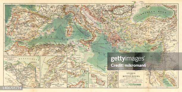 old chromolithograph map of countries of the mediterranean sea - ottoman empire map stock pictures, royalty-free photos & images