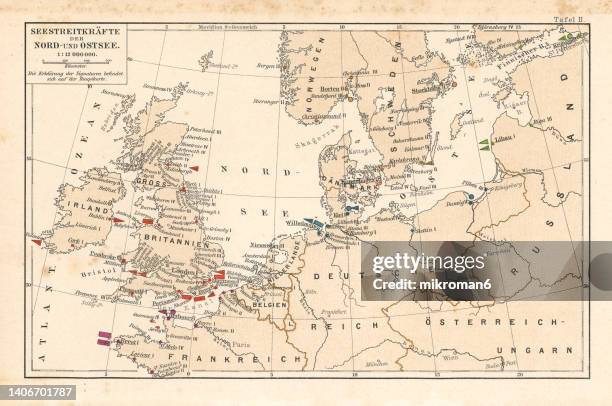 old chromolithograph illustration of naval forces of the north and baltic sea - soldier mapping stock pictures, royalty-free photos & images