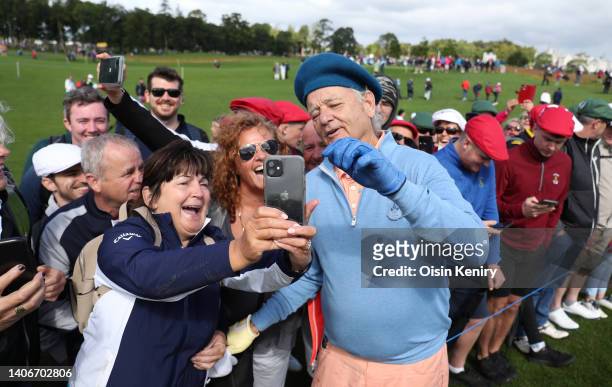 Hollywood Actor Bill Murray poses with a spectator during Day One of the JP McManus Pro-Am at Adare Manor on July 04, 2022 in Limerick, Ireland.