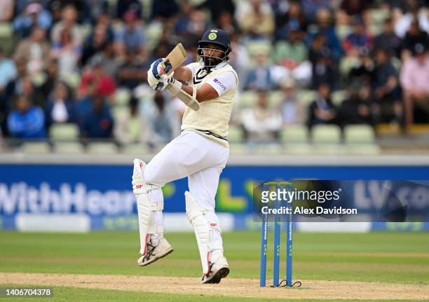Mohammed Shami of India hits runs during Day Four of the Fifth Lv=Insurance Test Match at Edgbaston on July 04, 2022 in Birmingham, England.