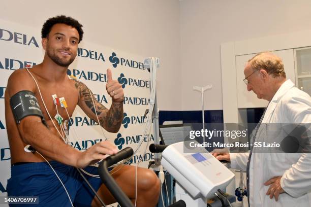 Felipe Anderson poses during the SS Lazio medical test on July 04, 2022 in Rome, Italy.