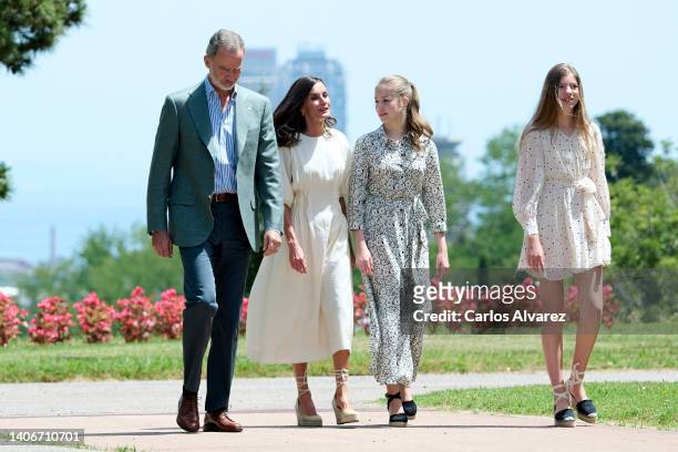 King Felipe VI of Spain, Queen Letizia of Spain, Crown Princess Leonor of Spain and Princess Sofia of Spain attend a meeting with the winners and...