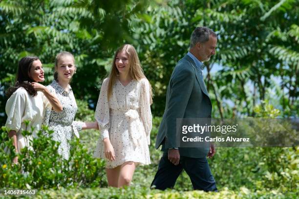Queen Letizia of Spain, Crown Princess Leonor of Spain, Princess Sofia of Spain and King Felipe VI of Spain attend a meeting with the winners and...