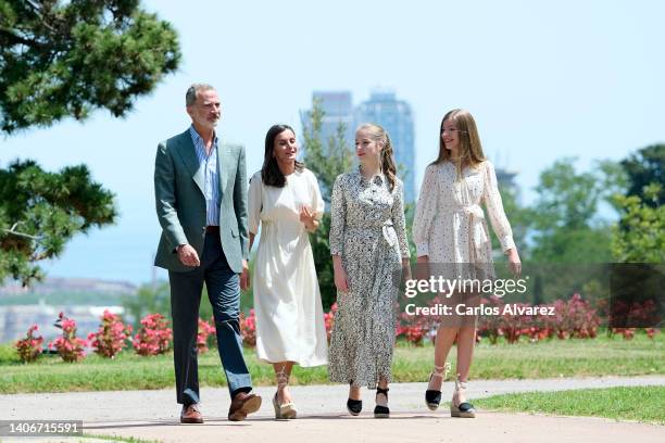 King Felipe VI of Spain, Queen Letizia of Spain, Crown Princess Leonor of Spain and Princess Sofia of Spain attend a meeting with the winners and...