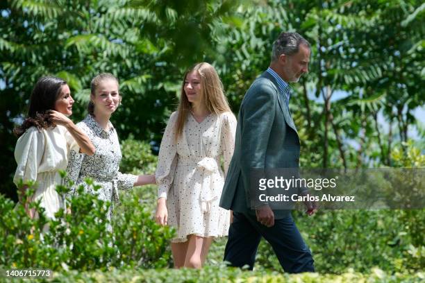 Queen Letizia of Spain, Crown Princess Leonor of Spain, Princess Sofia of Spain and King Felipe VI of Spain attend a meeting with the winners and...