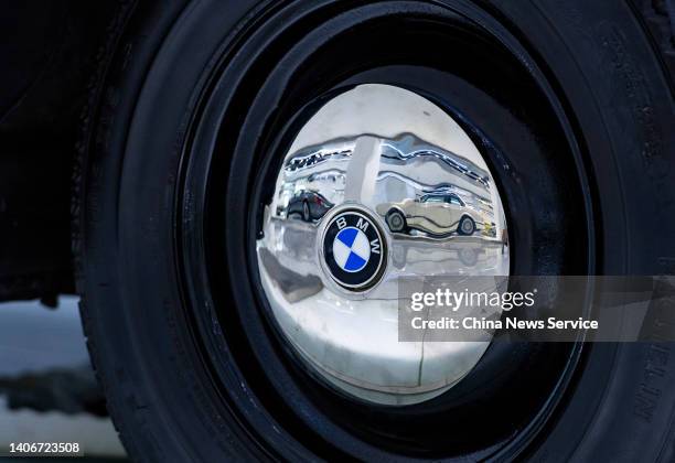 Logo is seen on the wheel hub at Zhengtong BMW Museum on July 4, 2022 in Beijing, China.