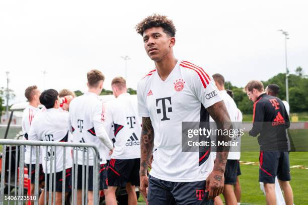Chris Richards of FC Bayern Munich during a training session of FC Bayern München at Saebener Strasse training ground on July 04, 2022 in Munich,...