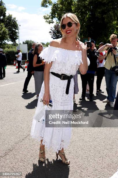 Sienna Miller arrives for Wimbledon 2022 Day 7 at All England Lawn Tennis and Croquet Club on July 03, 2022 in London, England.