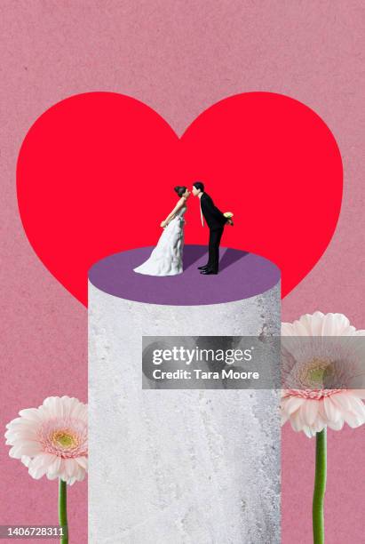bride and groom kissing on cake - promesas de matrimonio fotografías e imágenes de stock