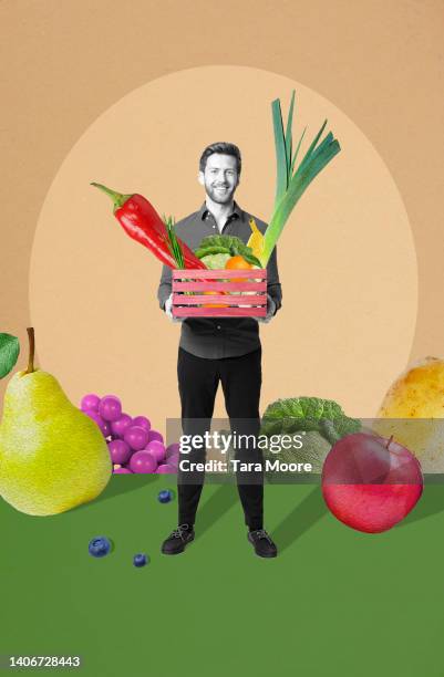 man holding box of fruit and vegetables - collage stock-fotos und bilder