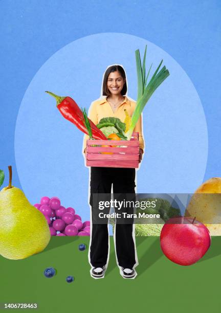 woman holding box of fruit and vegetables - freshness concept stock pictures, royalty-free photos & images