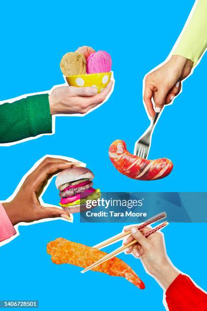 hands eating takeout food - food coloured background stock pictures, royalty-free photos & images