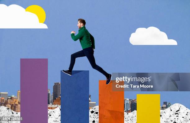 man running up bar graph - leap forward stock pictures, royalty-free photos & images