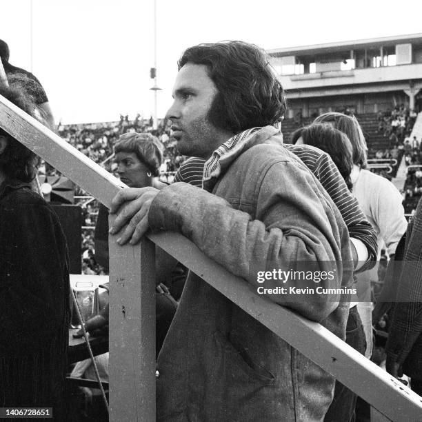 Jim Morrison of The Doors at the Toronto Rock & Roll Revival one-day festival at the Varsity Stadium, Toronto, Canada, 13th September 1969.