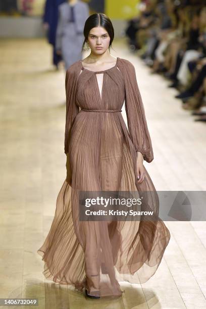 Model walks the runway during the Christian Dior Haute Couture Fall Winter 2022 2023 show as part of Paris Fashion Week on July 04, 2022 in Paris,...