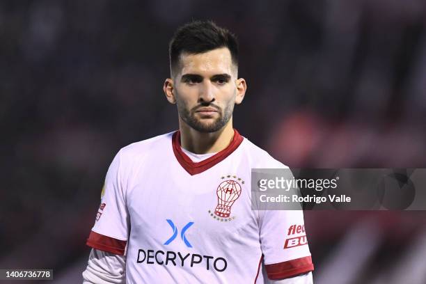 Benjamin Garre of Huracan reacts during a match between Huracan and River Plate as part of Liga Profesional at Tomas Adolfo Duco Stadium on July 03,...