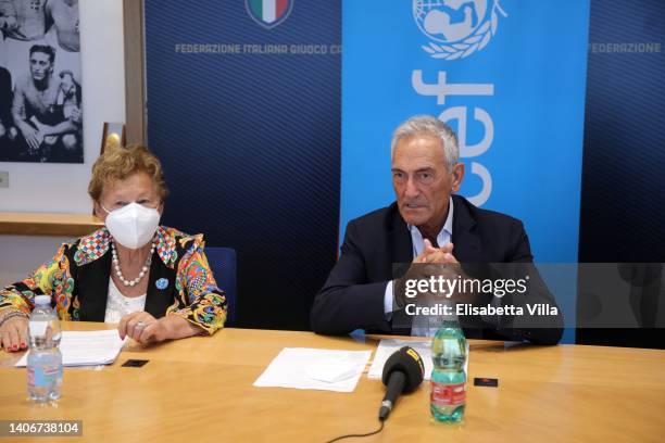 Carmela Pace, president of Unicef Italia and Gabriele Gravina, president of the Italian Football Federation attend FIGC Unveil Partnership With...