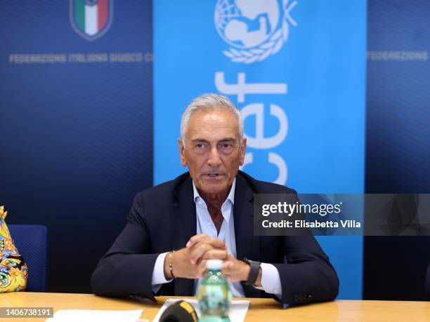 Gabriele Gravina, president of the Italian Football Federation attends FIGC Unveil Partnership With UNICEF press conference on July 04, 2022 in Rome,...