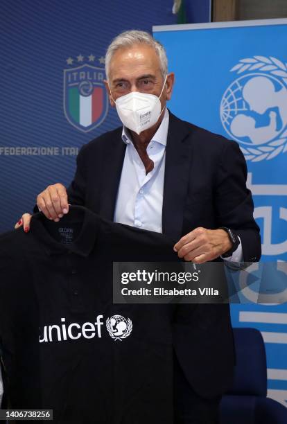 Gabriele Gravina, president of the Italian Football Federation attends FIGC Unveil Partnership With UNICEF press conference on July 04, 2022 in Rome,...