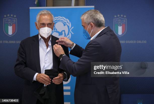 Gabriele Gravina, president of the Italian Football Federation and Unicef Italia general director Paolo Rozera attend FIGC Unveil Partnership With...