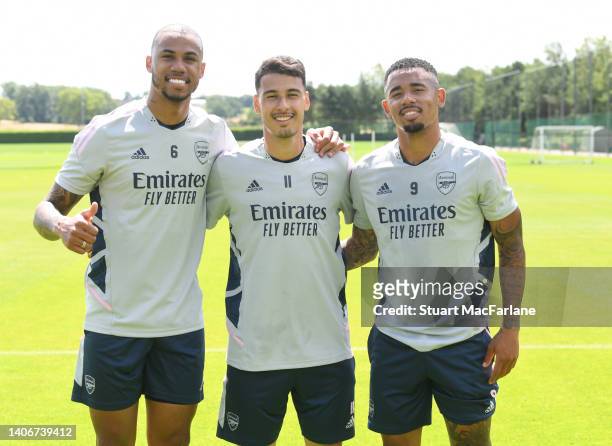 Gabriel, Gabriel Martinelli and Gabriel Jesus of Arsenal during a training session at London Colney on July 04, 2022 in St Albans, England.