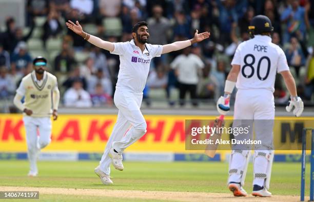 Jasprit Bumrah of India celebrates taking the wicket of Ollie Pope of England during Day Four of the Fifth Lv=Insurance Test Match at Edgbaston on...