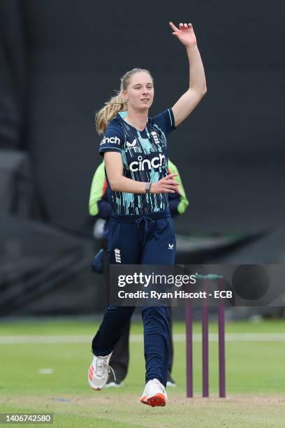 Freya Kemp of England celebrates after bowling out Anneke Bosch of South Africa during the T20 Tour Match between England Women A and South Africa...