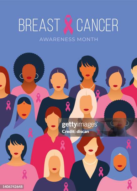 ilustraciones, imágenes clip art, dibujos animados e iconos de stock de mes de concientización sobre el cáncer de mama y diversas mujeres étnicas con cinta de apoyo rosa. - cartoon cancer