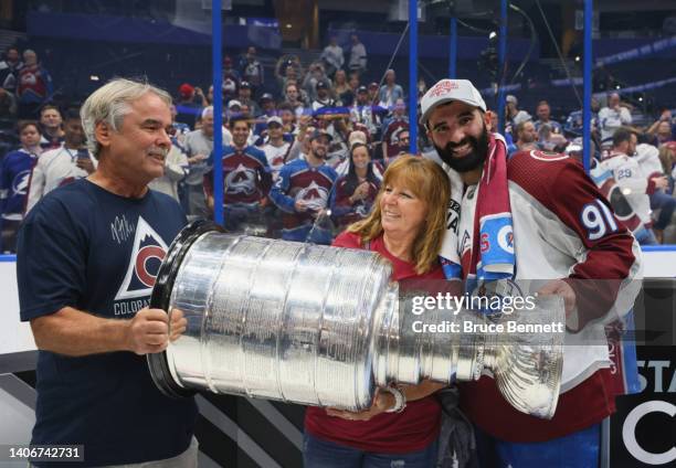 Nazem Kadri of the Colorado Avalanche holds the Stanley Cup following their victory over the Tampa Bay Lightning in Game Six of the 2022 NHL Stanley...