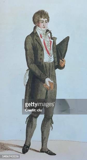 stockillustraties, clipart, cartoons en iconen met male fashion model presenting new dress, breeches, 1803 - breeches
