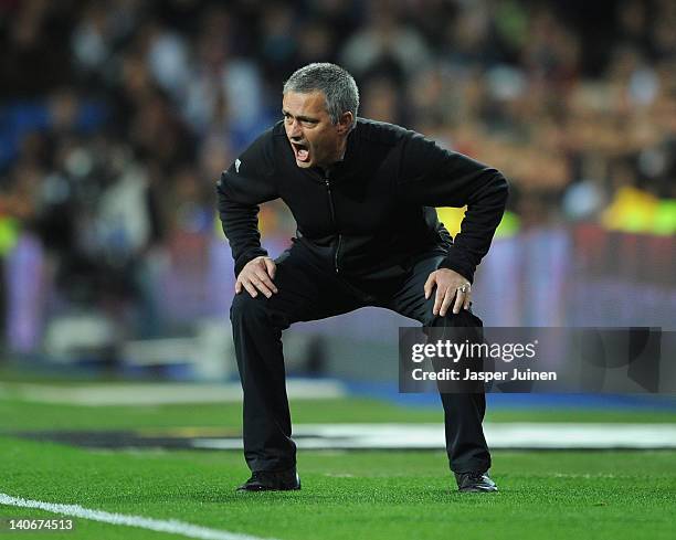 Head coach Jose Mourinho of Real Madrid reacts during the la Liga match between Real Madrid and Espanyol at Estadio Santiago Bernabeu on March 4,...