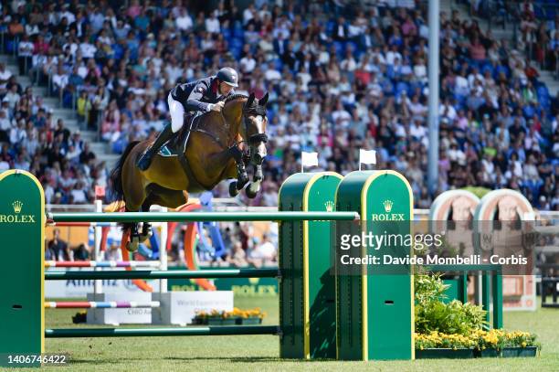 Kevin Staut from France, rides Visconti du Telman during Rolex Grand Prix, World Equestrian Festival Rolex CHIO Aachen on July 3, 2022 in Aachen,...