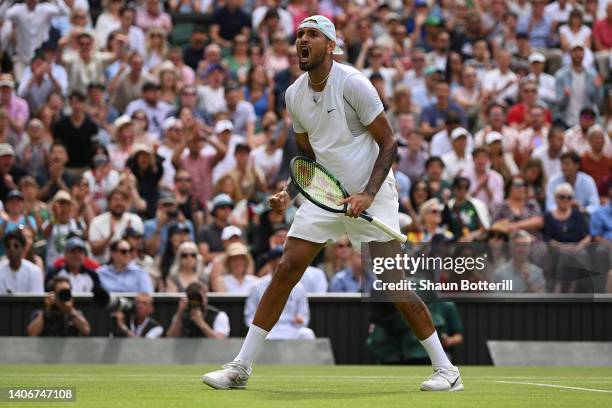 Nick Kyrgios of Australia celebrates a point against Brandon Nakashima of United States of America during their Men's Singles Fourth Round match on...
