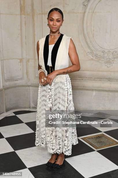 Zoe Saldana attends the Christian Dior Haute Couture Fall Winter 2022 2023 show as part of Paris Fashion Week on July 04, 2022 in Paris, France.
