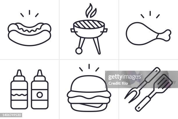 grillen von speisen cookout line symbole und symbole - bratwurst stock-grafiken, -clipart, -cartoons und -symbole